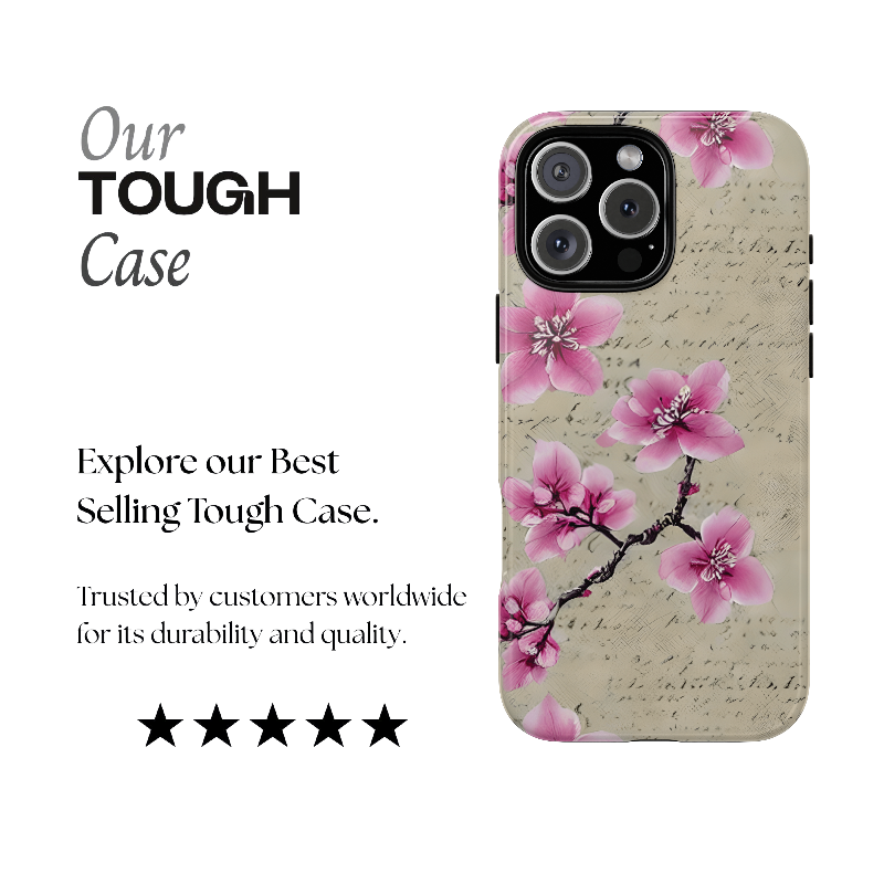 Vintage Pink Cherry Blossom Floral Script Protective Case