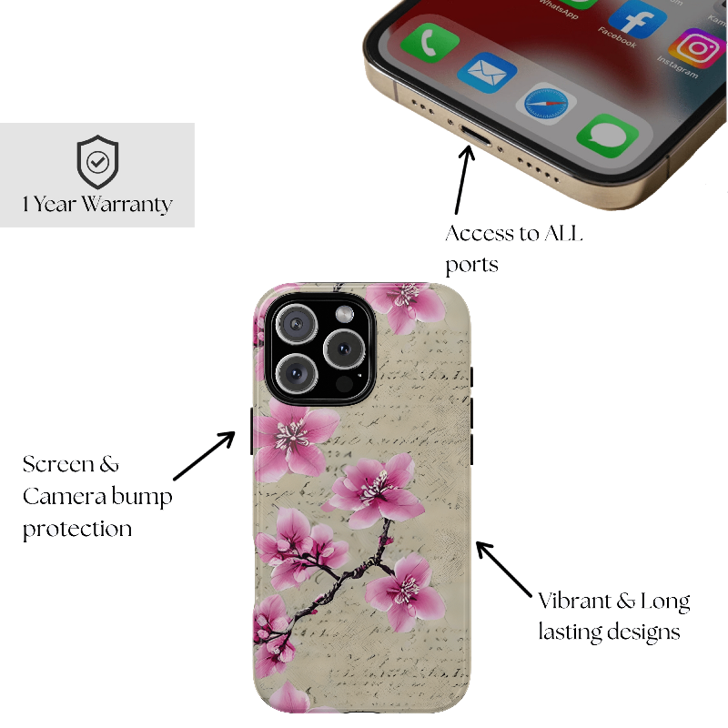 Vintage Pink Cherry Blossom Floral Script Protective Case