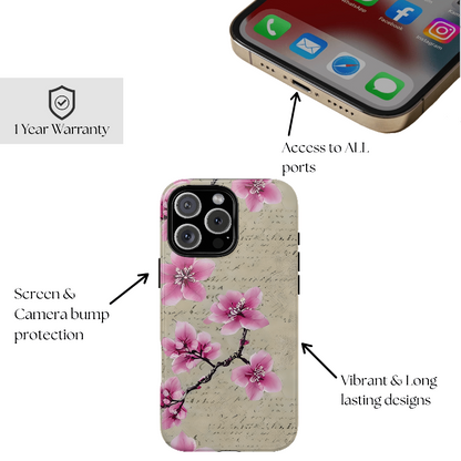 Vintage Pink Cherry Blossom Floral Script Protective Case